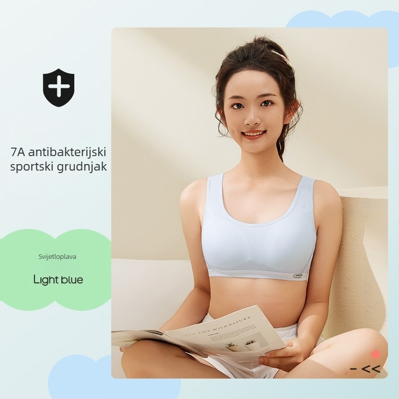 Dječji sportski grudnjak za djevojčice — faza 1 (otprilike 9–13 godina), trokutični košarice, tanke oblikovane košarice, pamuk materijal s svilenom podstavom, bez žice, čvrste dvostruke naramenice, prozračan