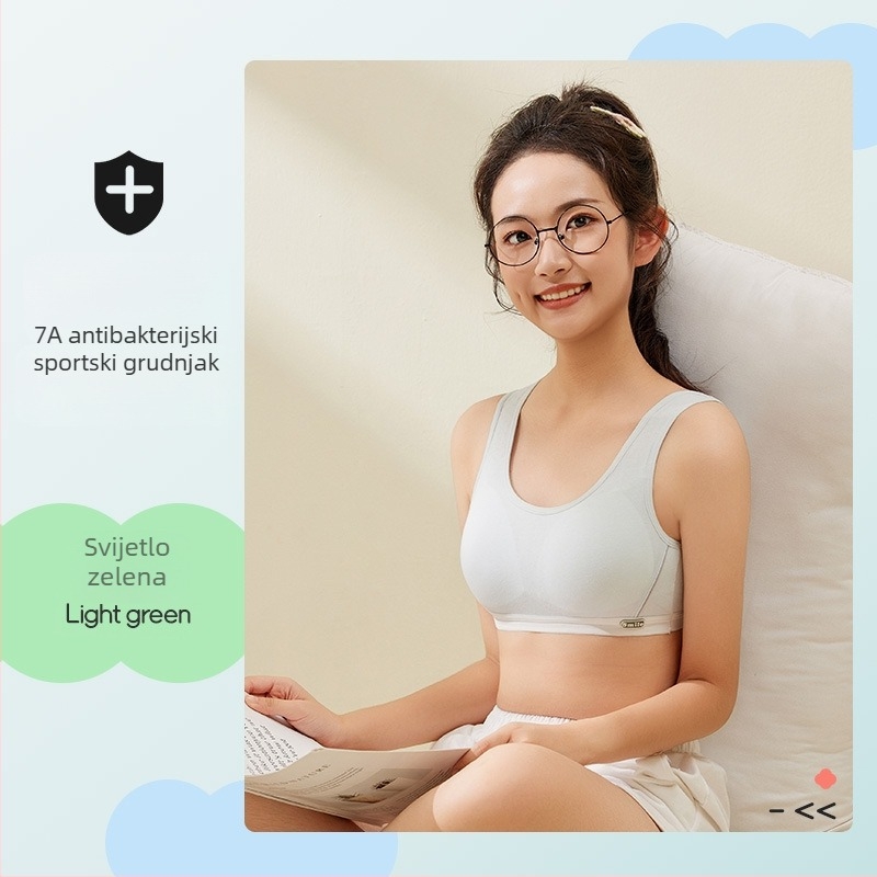 Dječji sportski grudnjak za djevojčice — faza 1 (otprilike 9–13 godina), trokutični košarice, tanke oblikovane košarice, pamuk materijal s svilenom podstavom, bez žice, čvrste dvostruke naramenice, prozračan