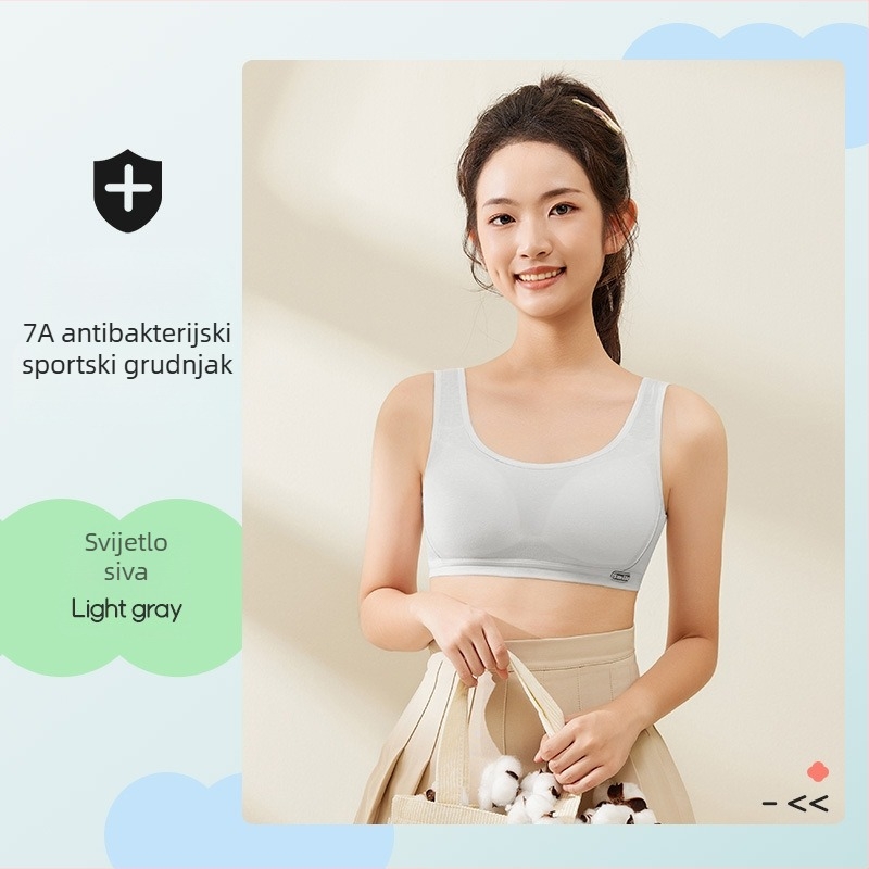 Dječji sportski grudnjak za djevojčice — faza 1 (otprilike 9–13 godina), trokutični košarice, tanke oblikovane košarice, pamuk materijal s svilenom podstavom, bez žice, čvrste dvostruke naramenice, prozračan