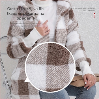 Ženski kaput od pliša s karom, kapuljača, srednja duljina, dugi rukavi, poliestera materijal