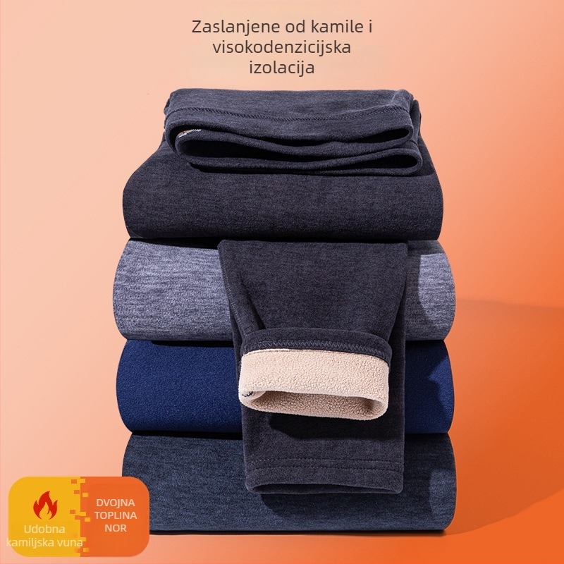 Muške hlače s podstavom od kamilje vune, topla i debela; glavna tkanina poliester 90–95%; flis podstava; debljina 251–300 g/m2; jednobojni uzorak
