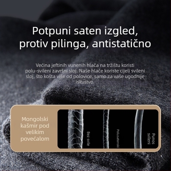 Ženske vunene hlače, visoki struk, topli sloj za bazno nošenje, kašmir-vunasta smjesa 70–80% vuna, debela tkanina 251–300 g/m², jednobojni uzorak