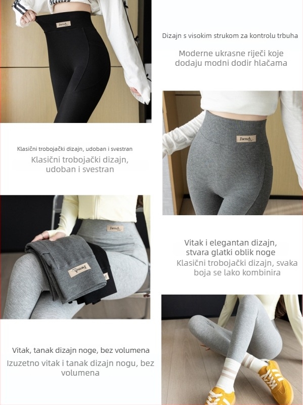 Ženske joga hlače s bočnim džepom od ribanog pamuka, duljina devet točaka, mješavina rayon-spandex, visoka elastičnost