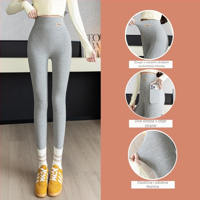 Ženske joga hlače s bočnim džepom od ribanog pamuka, duljina devet točaka, mješavina rayon-spandex, visoka elastičnost