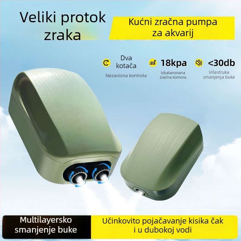 Pumpa za kisik u akvariju, tiha, kompaktna, s dvostrukim otvorom i podesivim protokom kisika za kućni akvarij
