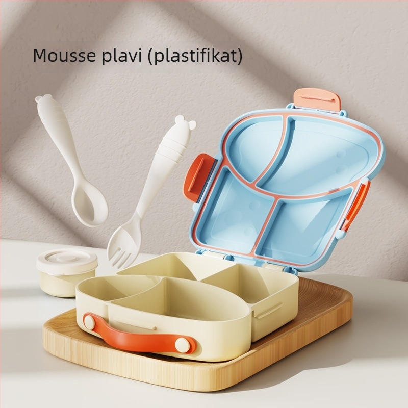 Dječja plastična kutija za ručak, mikrovalna sigurna, s vilicom, žlicom i posudom za umak, podijeljene pregrade, bez mirisa, 800–1000 ml