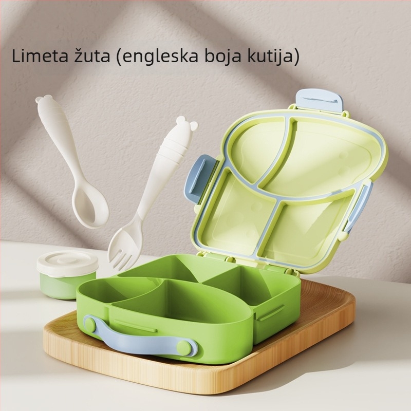 Dječja plastična kutija za ručak, mikrovalna sigurna, s vilicom, žlicom i posudom za umak, podijeljene pregrade, bez mirisa, 800–1000 ml