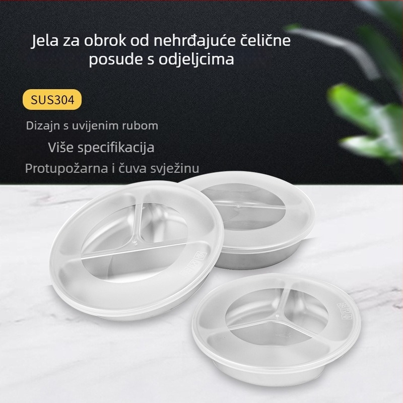 Dijeljena kutija za obrok od 304 nehrđajućeg čelika, okrugla, izolirana, s poklopcem otporan na prašinu, za djecu, kapacitet 800–1000 ml