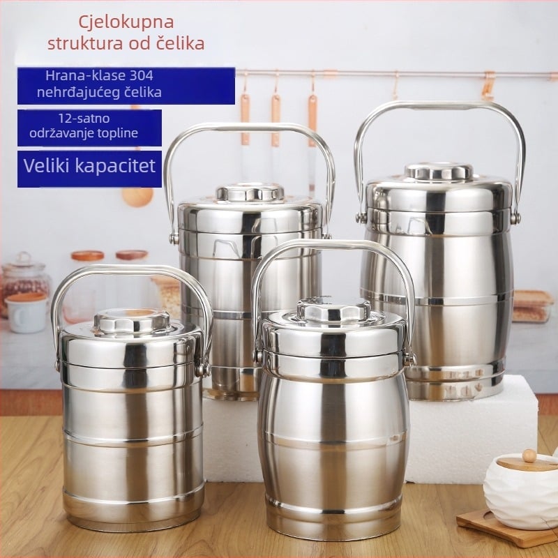 Trostruko slojevita čelična termo kutija za ručak, okruglog oblika, kapacitet 2,1–3 l