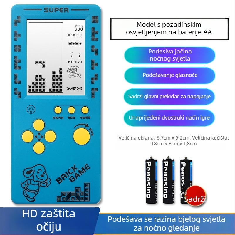 Nova prijenosna Tetris konzola – za jednog igrača, 14+ godina, nostalgični retro stil.