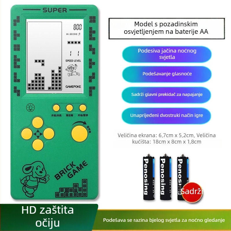 Nova prijenosna Tetris konzola – za jednog igrača, 14+ godina, nostalgični retro stil.
