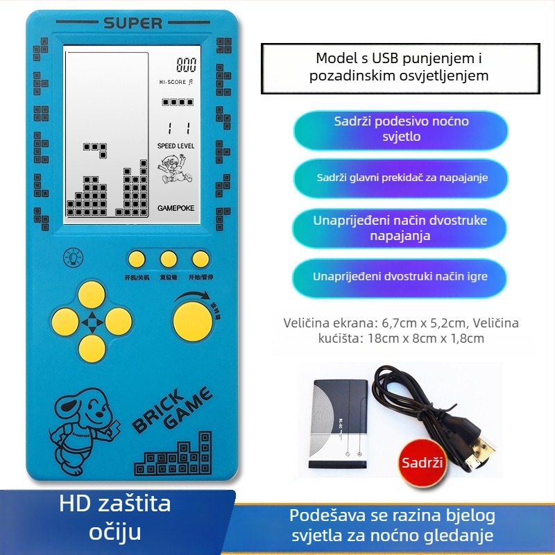 Nova prijenosna Tetris konzola – za jednog igrača, 14+ godina, nostalgični retro stil.