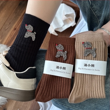 Ženske pamukaste čarape srednje duljine s motivom šteneta i kristalima, upijaju znoj, 70-80% pamuk, jesen