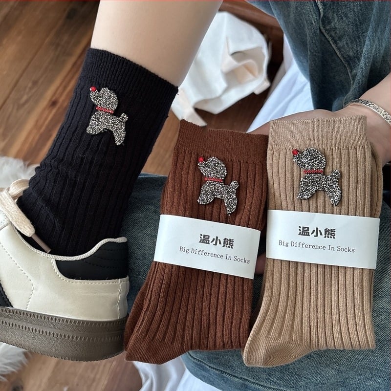 Ženske pamukaste čarape srednje duljine s motivom šteneta i kristalima, upijaju znoj, 70-80% pamuk, jesen