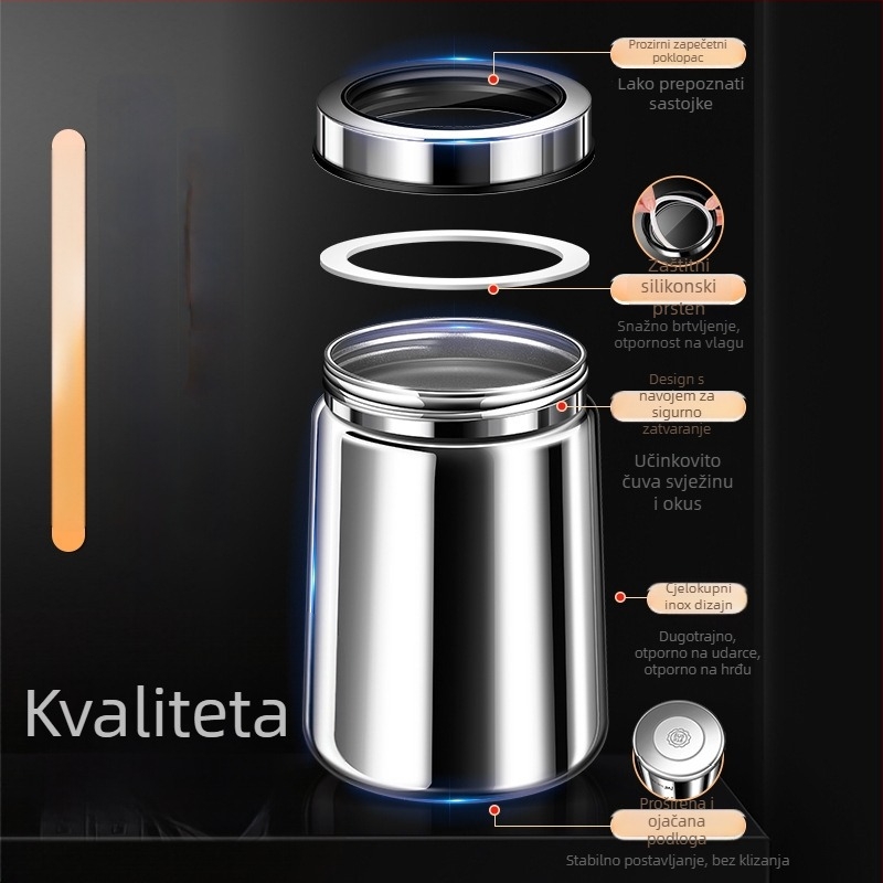 Posuda od nehrđajućeg čelika 316 za zrna kave i čaj, zatvorenog tipa, okruglog oblika, 1–2 L, moderni minimalistički stil, mogućnost prilagođavanja