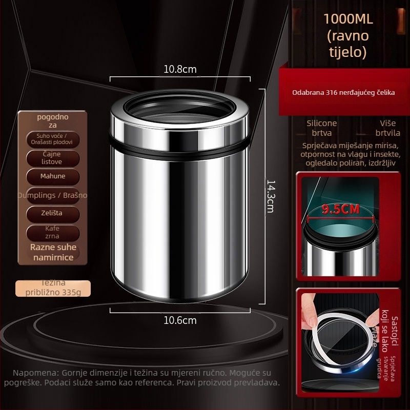 Posuda od nehrđajućeg čelika 316 za zrna kave i čaj, zatvorenog tipa, okruglog oblika, 1–2 L, moderni minimalistički stil, mogućnost prilagođavanja