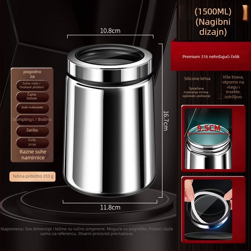 Posuda od nehrđajućeg čelika 316 za zrna kave i čaj, zatvorenog tipa, okruglog oblika, 1–2 L, moderni minimalistički stil, mogućnost prilagođavanja