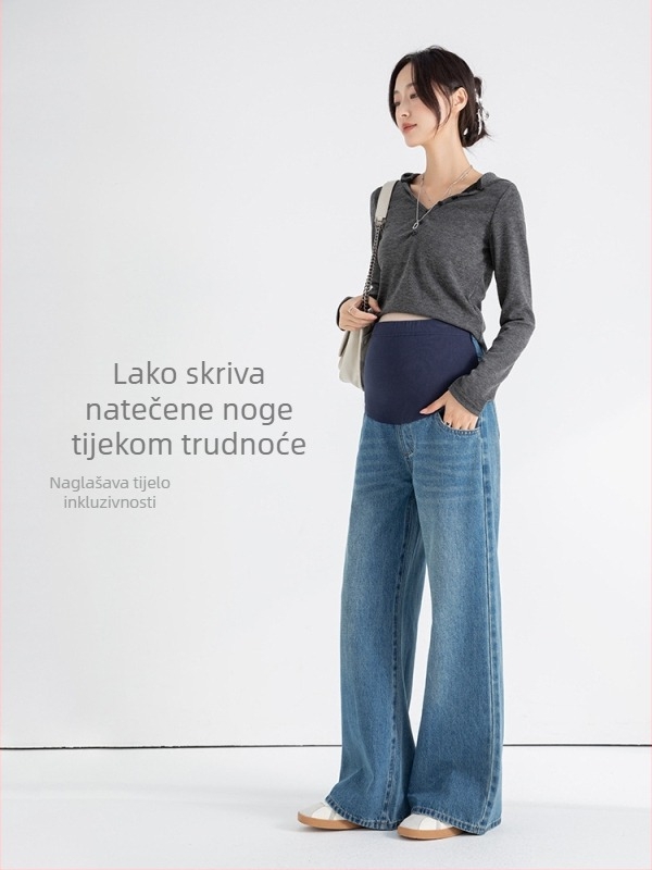 Traperice za trudnoću – ležeran kroj, široke nogavice, 80–90% pamuk, podrška trbuhu