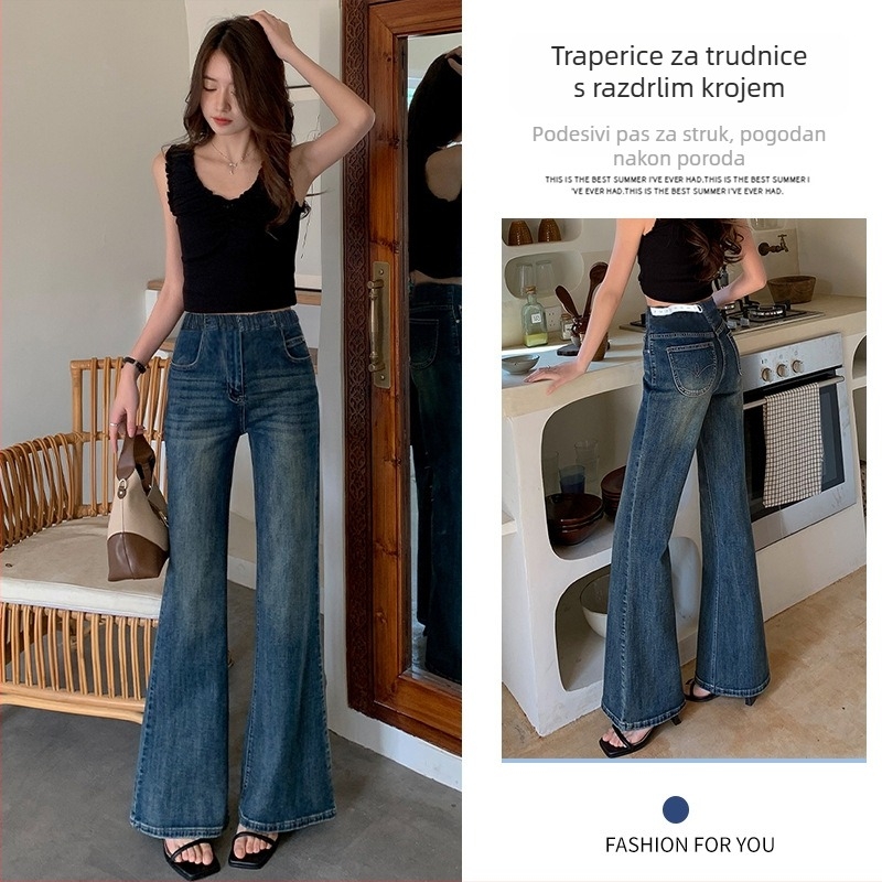 Traperice za trudnoću od denima s flare krojem - podižu stražnjicu, bez elastana, mješavina poliestera 80-90%, za sve sezone