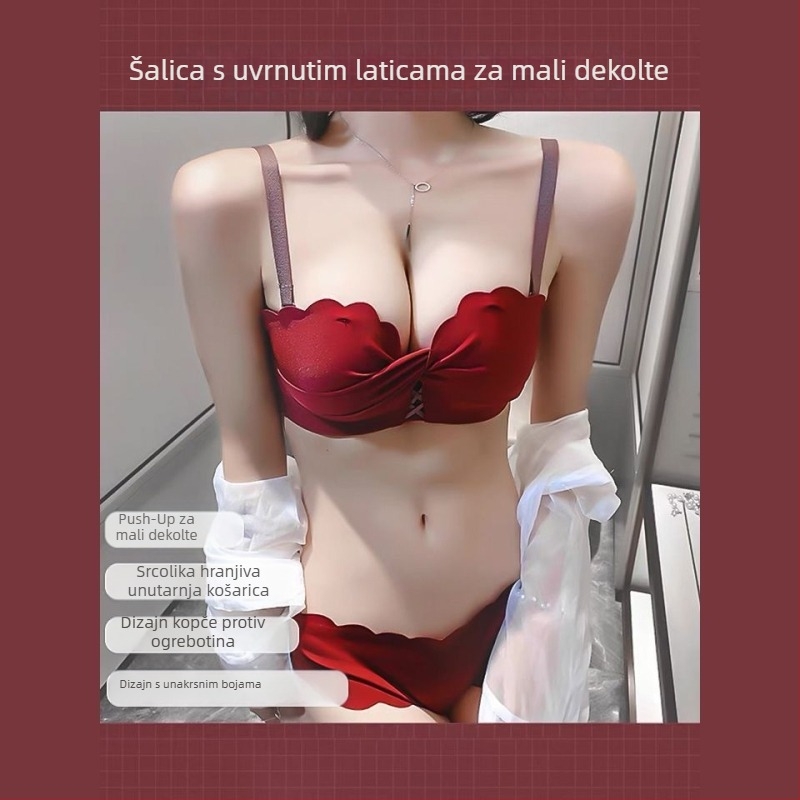 Crveno svadbeno rublje za manje grudi s push-up efektom, bočnim skupljanjem, pamukasti set grudnjaka i gaćica