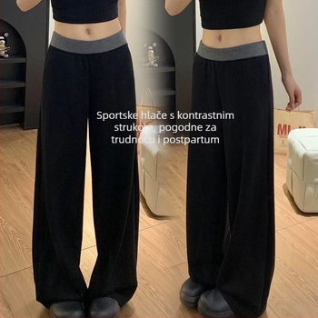 Trudničke udobne sportske hlače s visokim pojasom i širokim krojem (poliester 95%+, prozračne, tanke, ljeto, slobodan kroj)