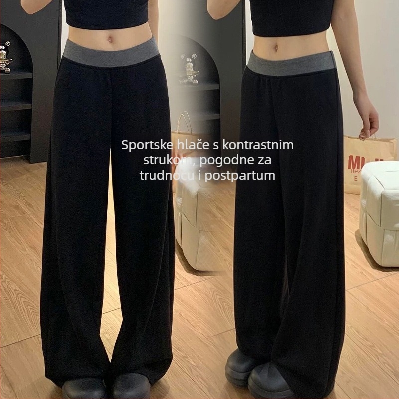 Trudničke udobne sportske hlače s visokim pojasom i širokim krojem (poliester 95%+, prozračne, tanke, ljeto, slobodan kroj)