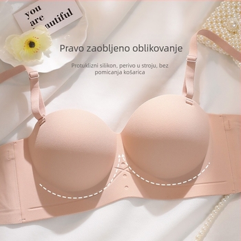 Bešivni grudnjak bez naramenica, push-up efekt; šalica 3/4, oblikovane šalice; odvojive dvostruke naramenice; glavni materijal: najlon; podstava: elastan do 30%