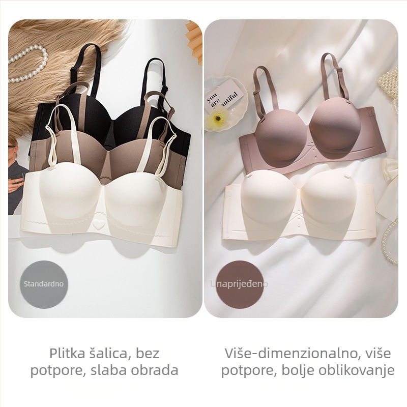 Bešivni grudnjak bez naramenica, push-up efekt; šalica 3/4, oblikovane šalice; odvojive dvostruke naramenice; glavni materijal: najlon; podstava: elastan do 30%
