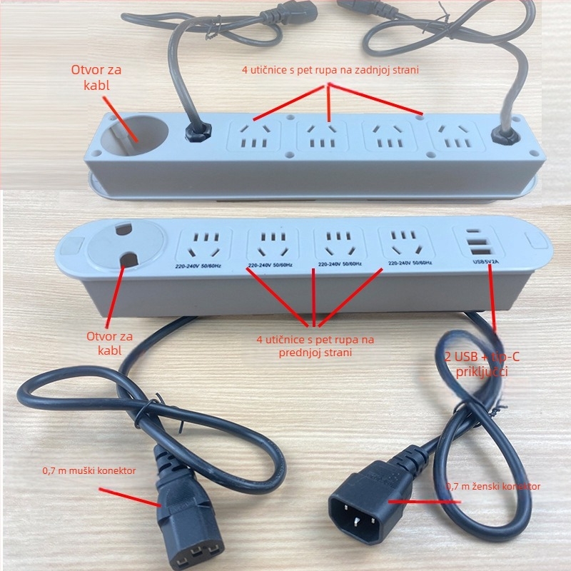 Qineng ugrađeni stolni produžni kabel s dvostrukim utičnicama, Daisy-chain mogućnost, USB-A i USB-C priključci