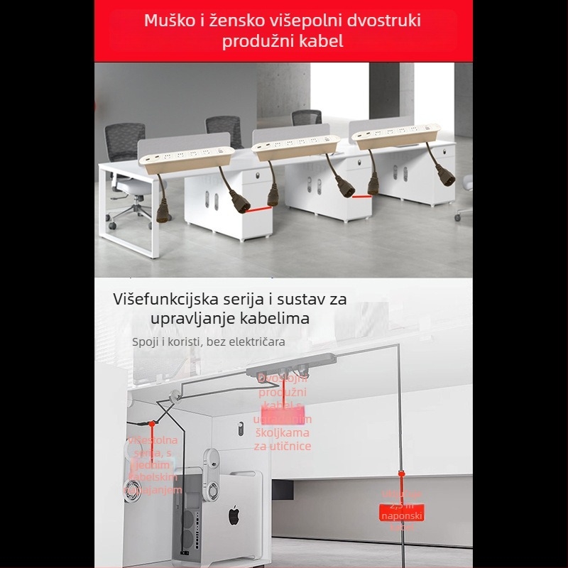 Qineng ugrađeni stolni produžni kabel s dvostrukim utičnicama, Daisy-chain mogućnost, USB-A i USB-C priključci