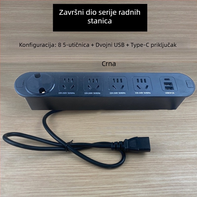 Qineng ugrađeni stolni produžni kabel s dvostrukim utičnicama, Daisy-chain mogućnost, USB-A i USB-C priključci