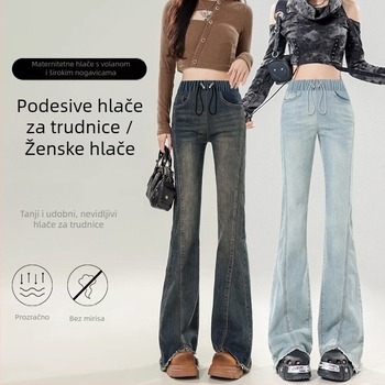 Traperice za trudnice od denima s visokim strukom, vezicom, široke nogavice (podrška za trbuh)