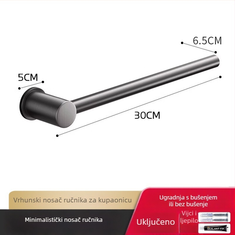 Držač za ručnike s jednom šipkom, bez bušenja, od aluminijske legure, anodizirana površina, nosivost 30 kg