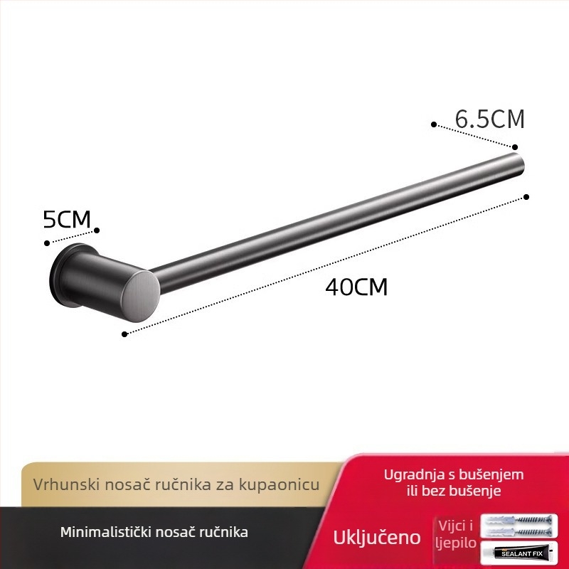 Držač za ručnike s jednom šipkom, bez bušenja, od aluminijske legure, anodizirana površina, nosivost 30 kg