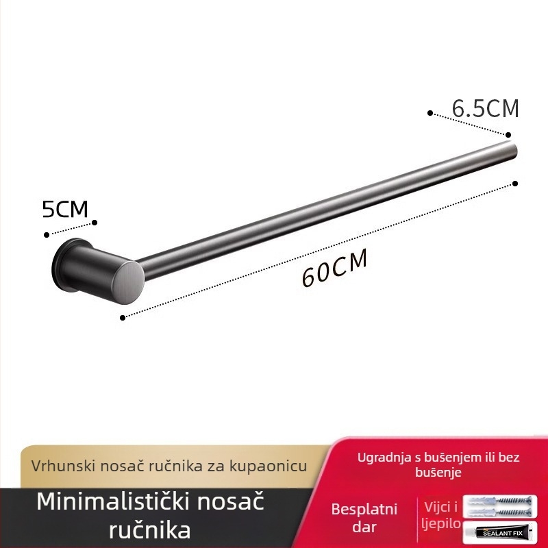 Držač za ručnike s jednom šipkom, bez bušenja, od aluminijske legure, anodizirana površina, nosivost 30 kg