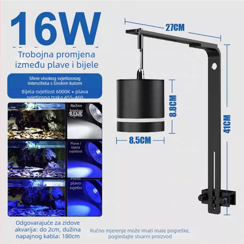LED akvarijsko svjetlo s punim spektrom, aluminijska legura, 16W, trobojna regulacija, kontrola algi i osvjetljenje vodnih biljaka