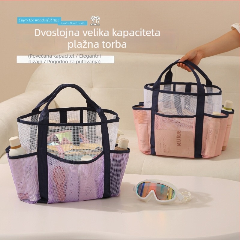 Plažna torba velikog kapaciteta, dvostruke mrežaste pregrade, kubnog oblika, od najlona i mreže, za pohranu kozmetike i higijenskih potrepština