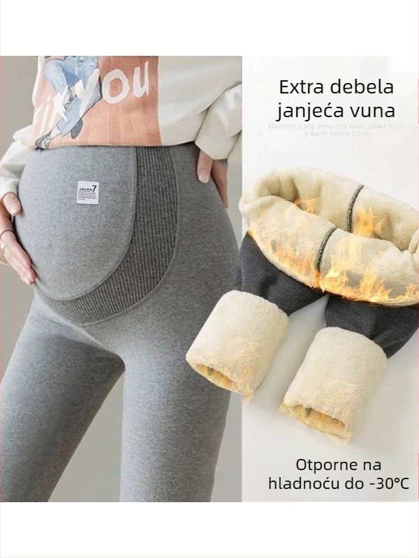 Trudničke legice s fleecem za jesen-zimu, visokim strukom za podršku trudnom trbuhu, bezšivne, visoka elastičnost, sastav: 82,2% poliester, 14,8% viskoz, 3% spandeks