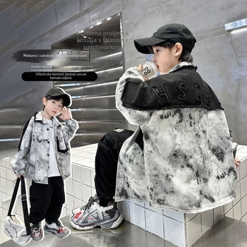 Dječja jakna od denima s tie-dye uzorkom za dječake, polo ovratnik, jednostruko zatvaranje, korejski stil, jesen 2024