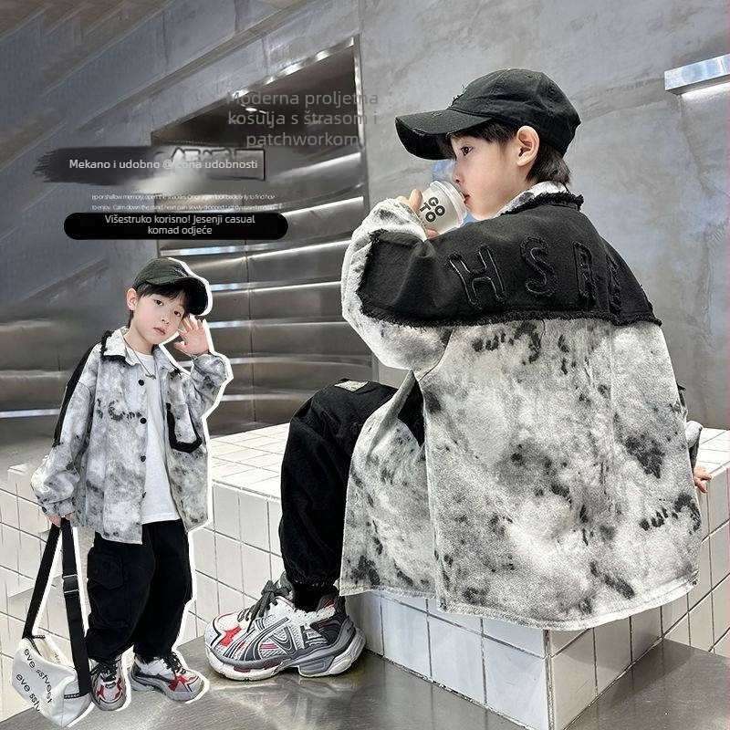 Dječja jakna od denima s tie-dye uzorkom za dječake, polo ovratnik, jednostruko zatvaranje, korejski stil, jesen 2024