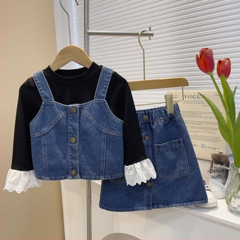 Dječji trodjelni denim set u korejskom stilu s topom s čipkastim manžetama, za uzrast 3–8 godina, proljeće–jesen, 95% spandex