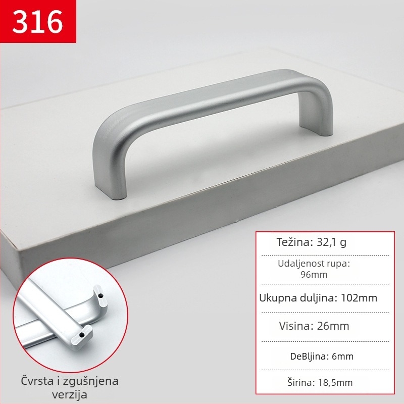 Ručka za namještaj od aluminijske legure, dizajn u obliku šipke, anodizirani premaz, model 316, moderan minimalistički stil, plošna montaža