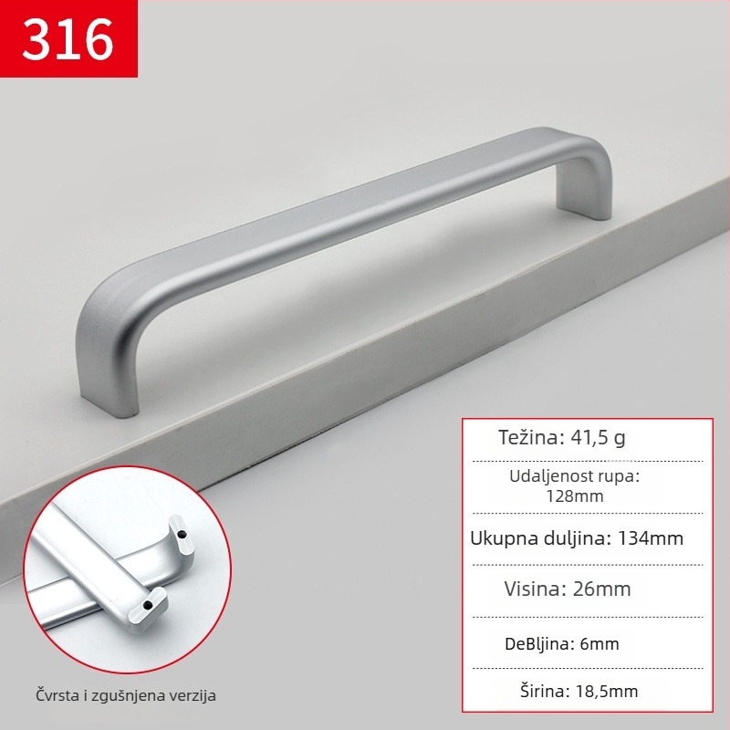 Ručka za namještaj od aluminijske legure, dizajn u obliku šipke, anodizirani premaz, model 316, moderan minimalistički stil, plošna montaža