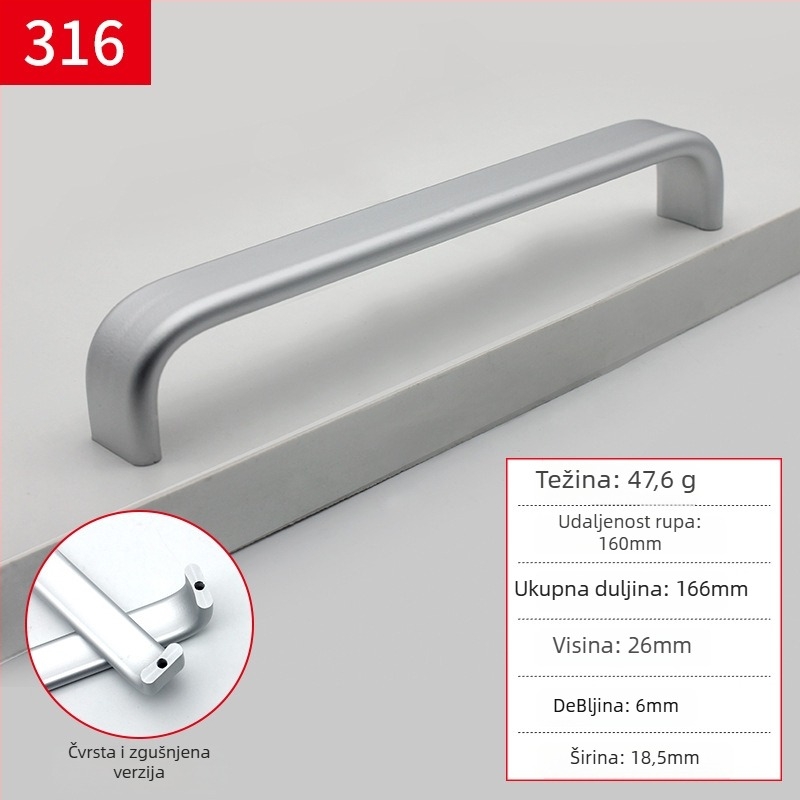 Ručka za namještaj od aluminijske legure, dizajn u obliku šipke, anodizirani premaz, model 316, moderan minimalistički stil, plošna montaža