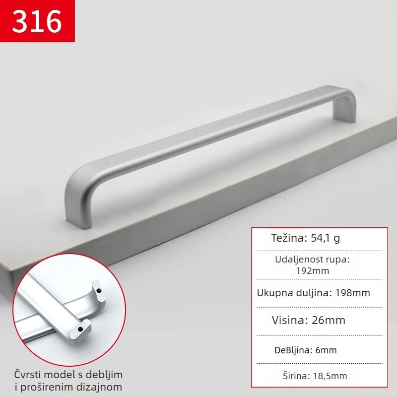 Ručka za namještaj od aluminijske legure, dizajn u obliku šipke, anodizirani premaz, model 316, moderan minimalistički stil, plošna montaža