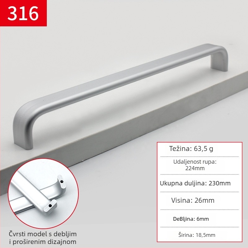 Ručka za namještaj od aluminijske legure, dizajn u obliku šipke, anodizirani premaz, model 316, moderan minimalistički stil, plošna montaža