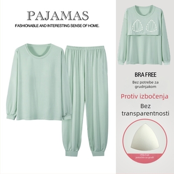 Ženski modalni pidžama set s jastučićem za grudi, dugi rukavi, okrugli izrez, tanko vlakno