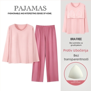 Ženski modalni pidžama set s jastučićem za grudi, dugi rukavi, okrugli izrez, tanko vlakno