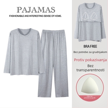 Ženski modalni pidžama set s jastučićem za grudi, dugi rukavi, okrugli izrez, tanko vlakno