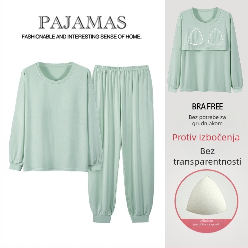 Ženski modalni pidžama set s jastučićem za grudi, dugi rukavi, okrugli izrez, tanko vlakno